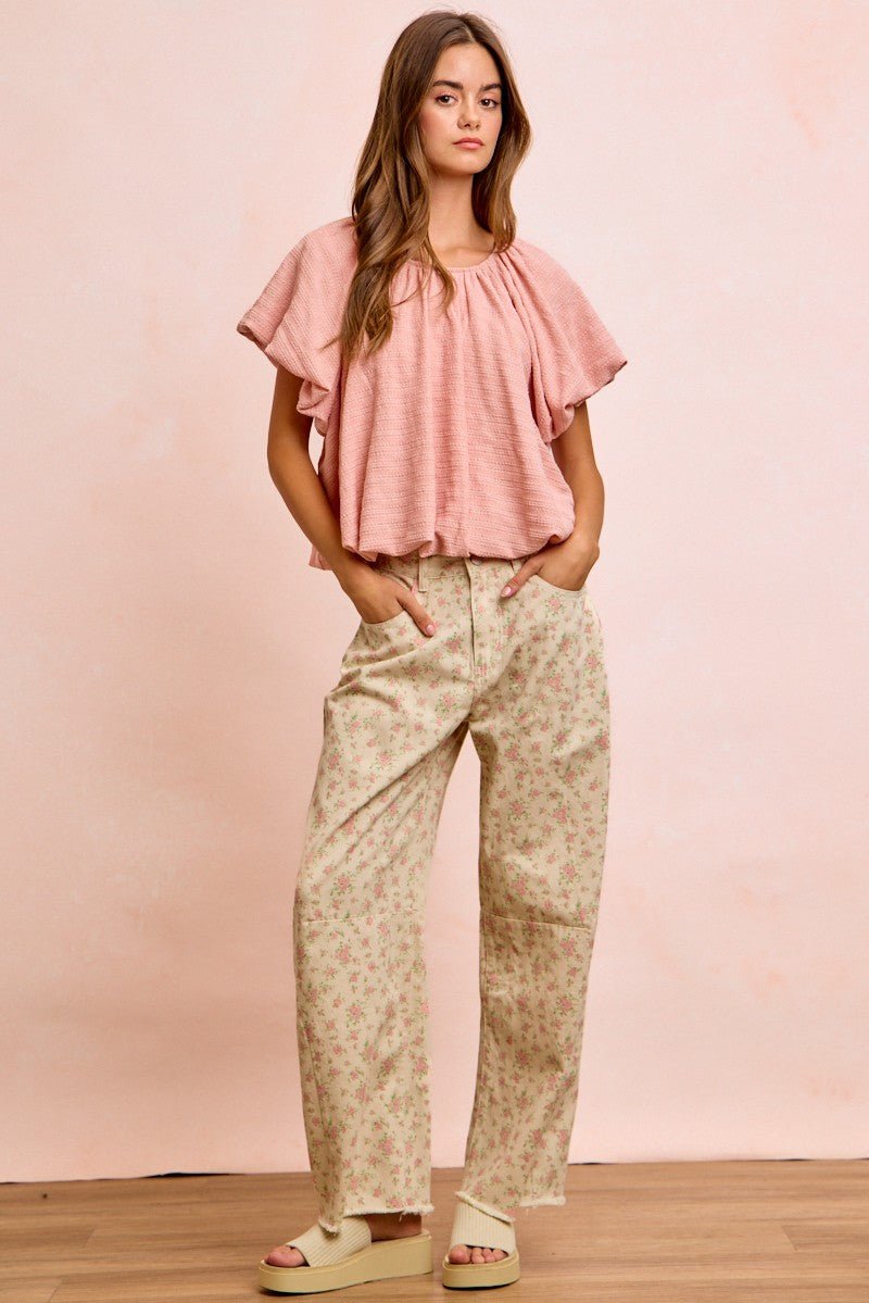 BiBi Stripes Textured Shirred Neckline Bubble Hem Top - Bitsy Gypsy Boutique