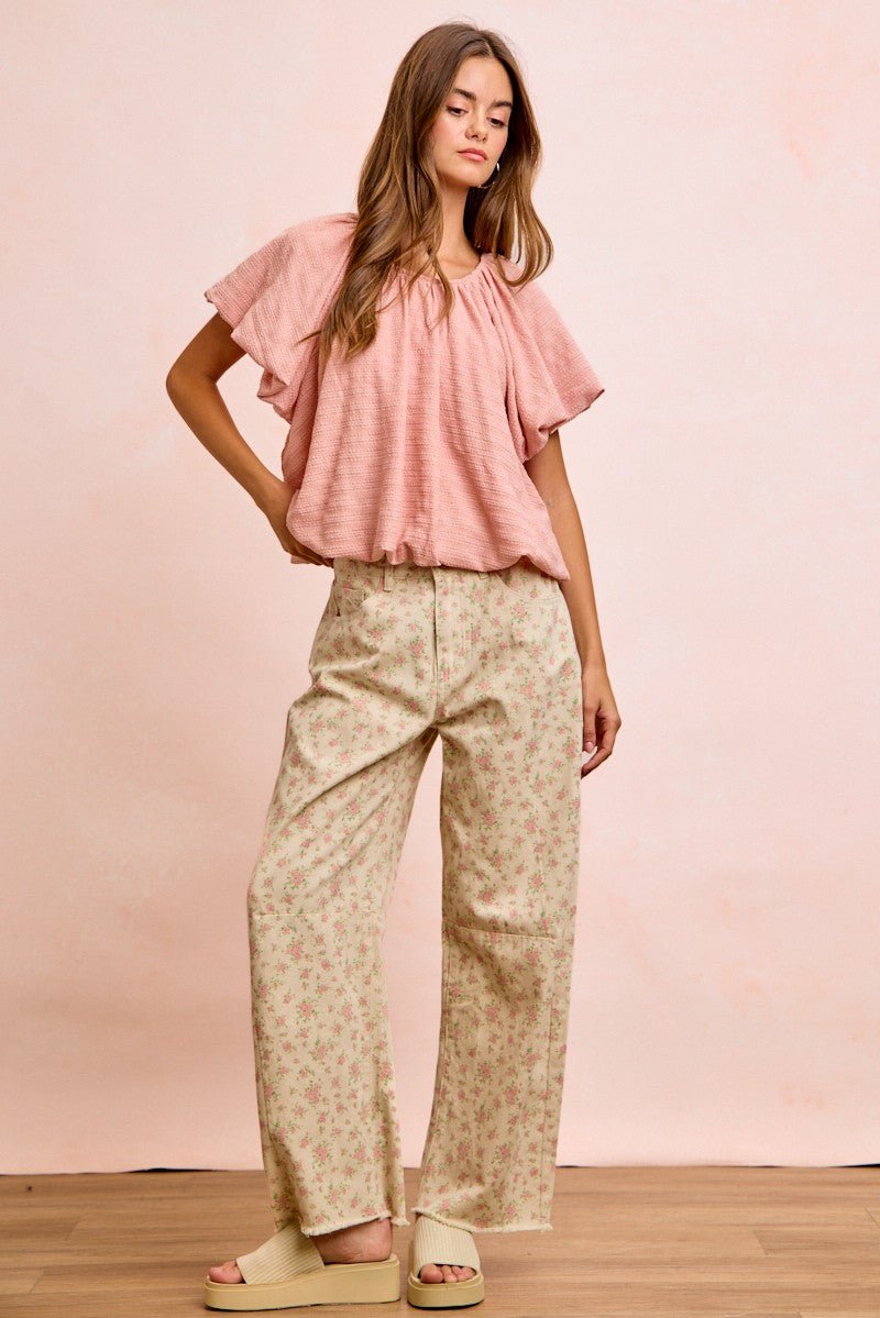 BiBi Stripes Textured Shirred Neckline Bubble Hem Top - Bitsy Gypsy Boutique