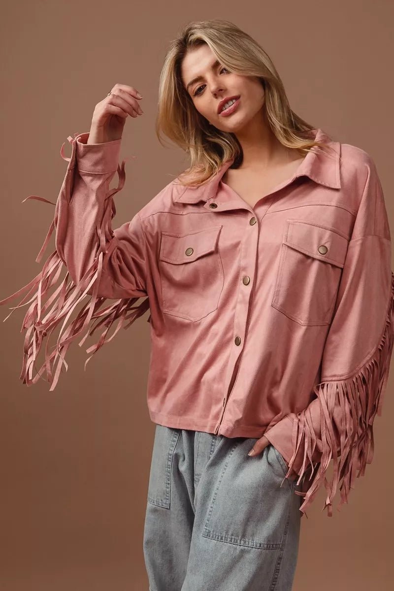 BiBi Suede Fringe Long Sleeve Jacket - Bitsy Gypsy Boutique