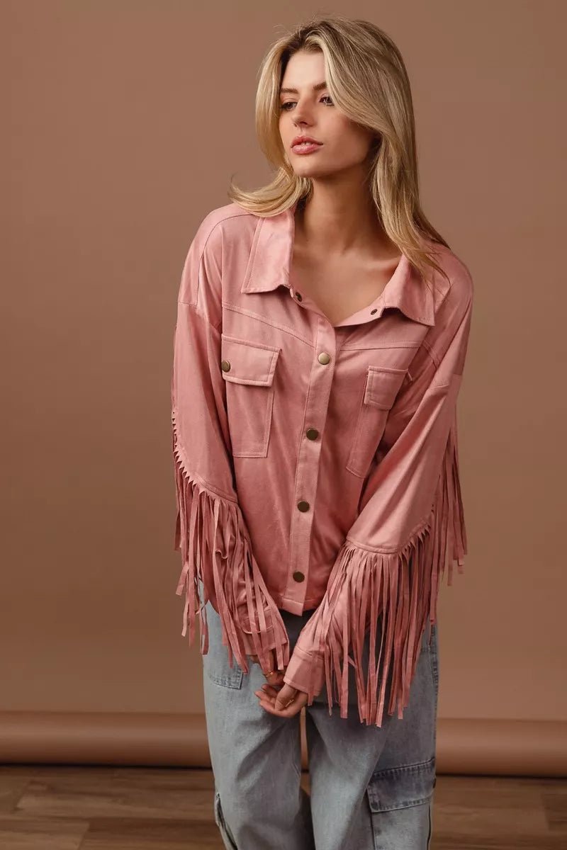 BiBi Suede Fringe Long Sleeve Jacket - Bitsy Gypsy Boutique