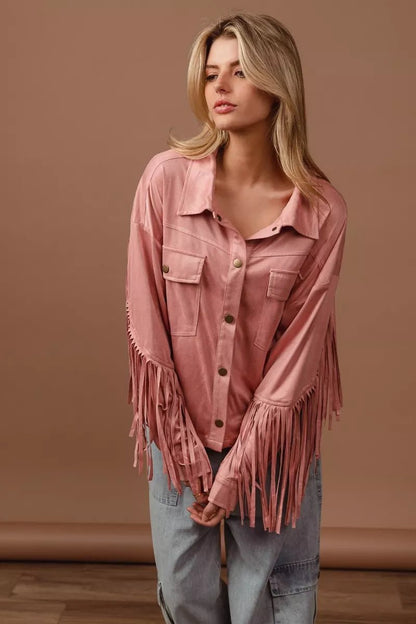 BiBi Suede Fringe Long Sleeve Jacket - Bitsy Gypsy Boutique