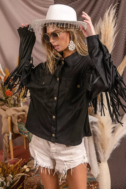 BiBi Suede Fringe Long Sleeve Jacket - Bitsy Gypsy Boutique