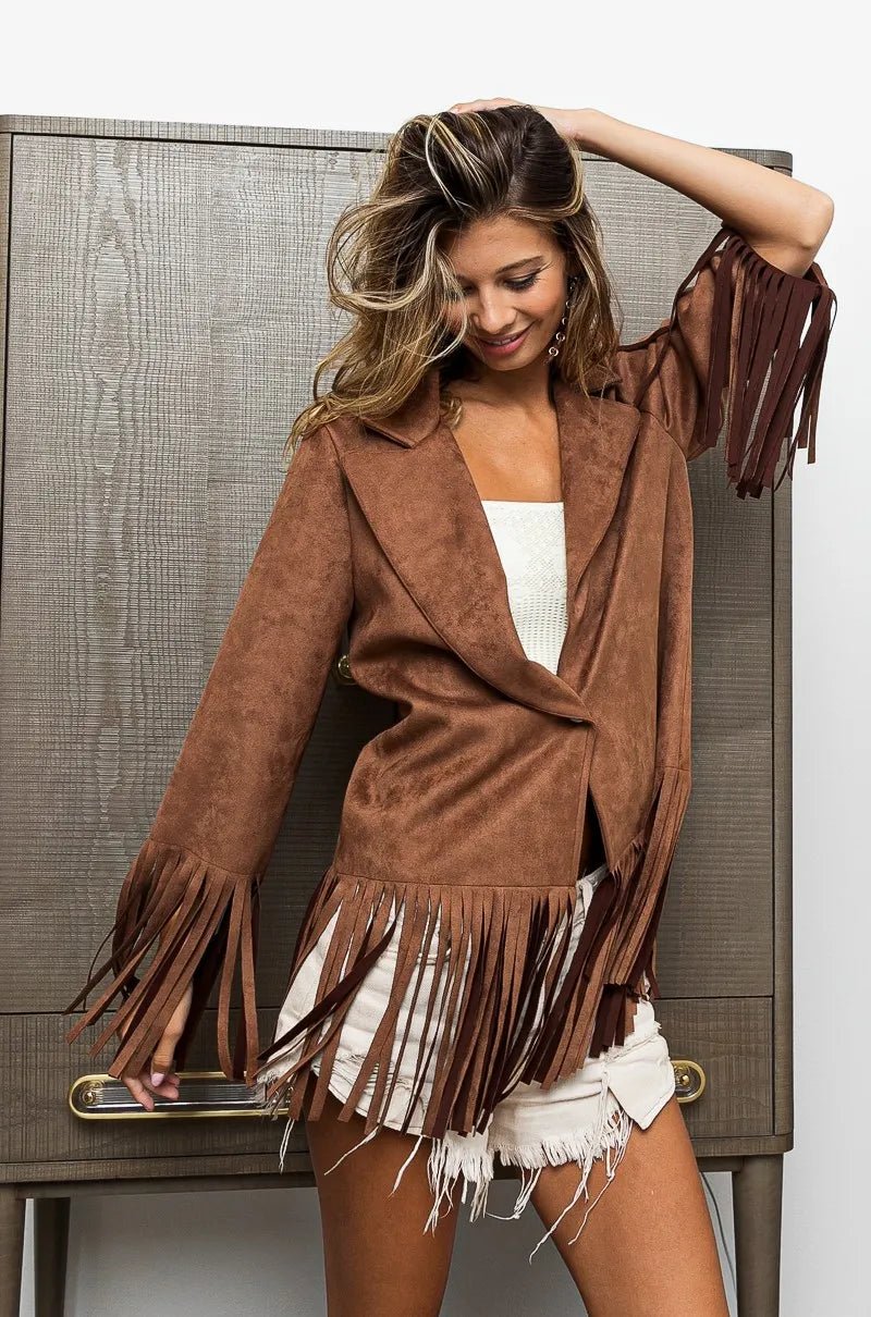BiBi Suede Single Blazer with Fringed Hem - Bitsy Gypsy Boutique