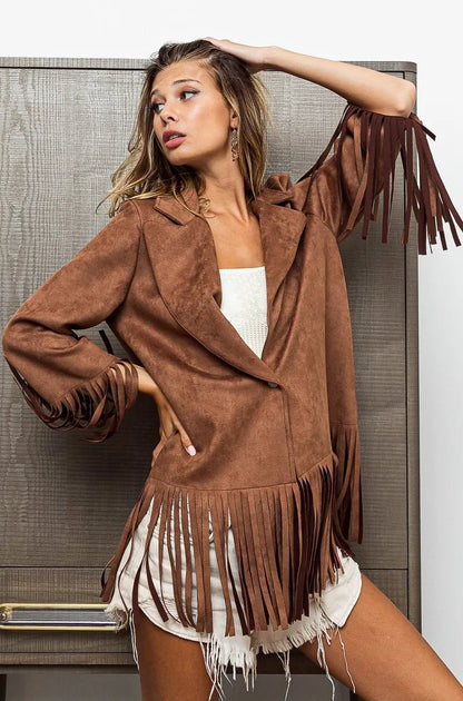 BiBi Suede Single Blazer with Fringed Hem - Bitsy Gypsy Boutique