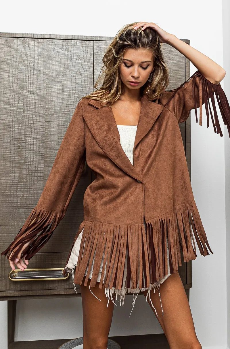 BiBi Suede Single Blazer with Fringed Hem - Bitsy Gypsy Boutique