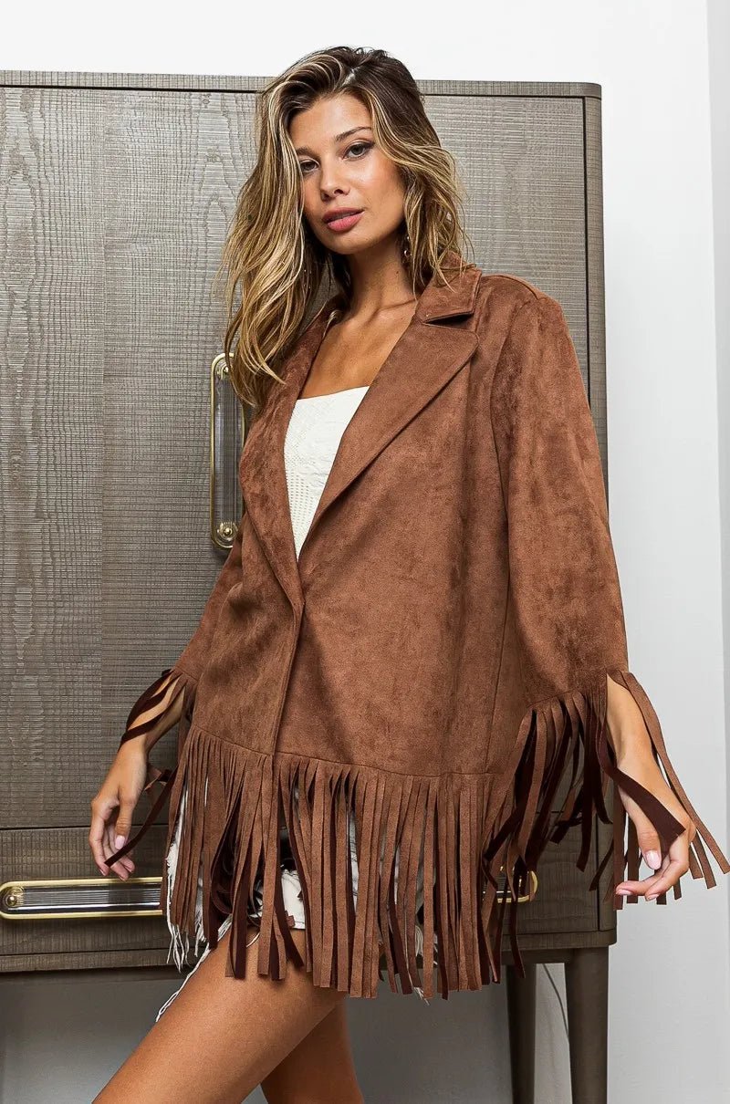 BiBi Suede Single Blazer with Fringed Hem - Bitsy Gypsy Boutique