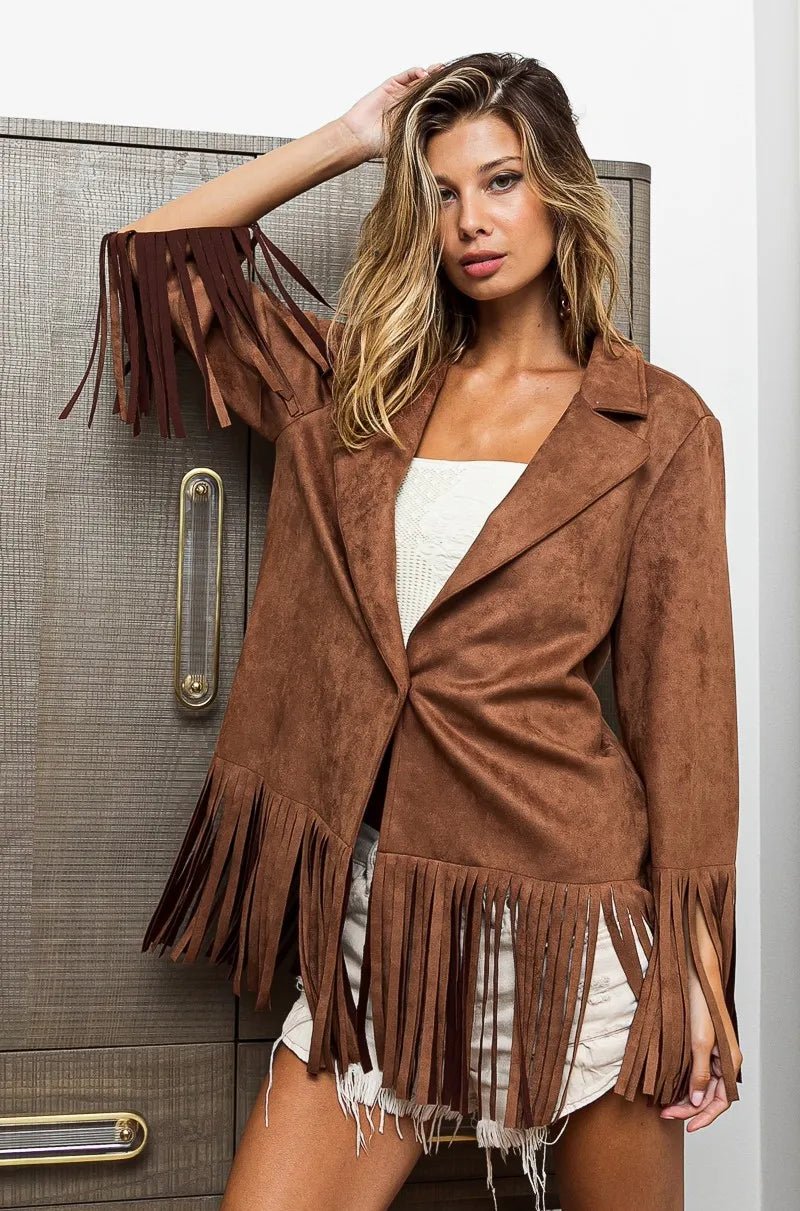 BiBi Suede Single Blazer with Fringed Hem - Bitsy Gypsy Boutique
