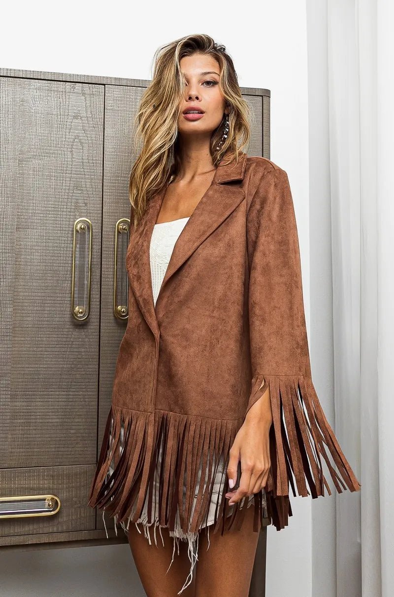 BiBi Suede Single Blazer with Fringed Hem - Bitsy Gypsy Boutique