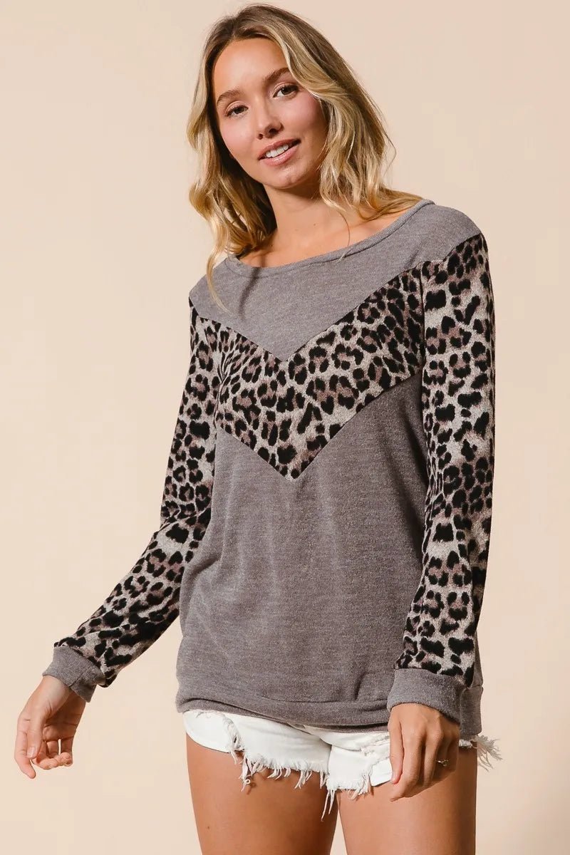 BiBi Sweater Knit Top With Leopard V Shape Block - Bitsy Gypsy Boutique