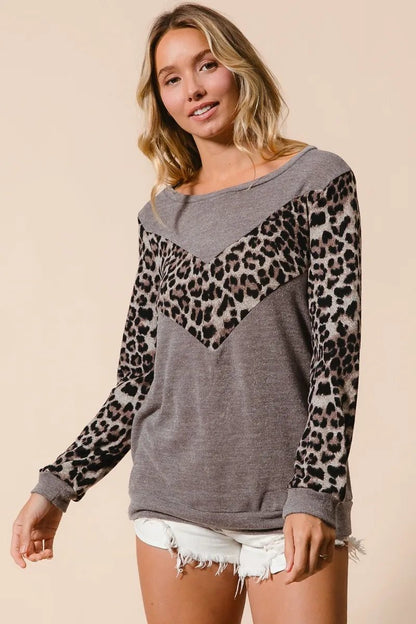 BiBi Sweater Knit Top With Leopard V Shape Block - Bitsy Gypsy Boutique