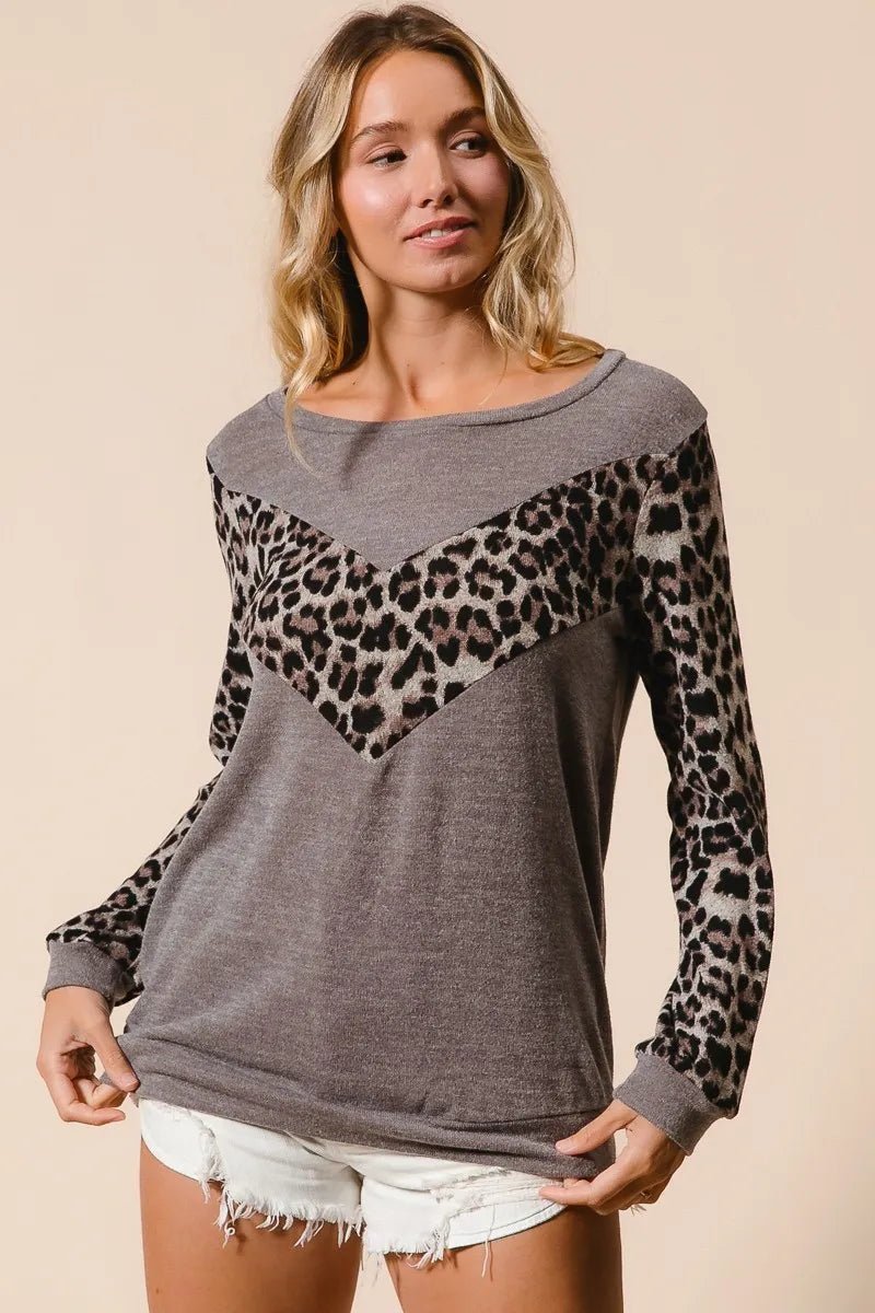 BiBi Sweater Knit Top With Leopard V Shape Block - Bitsy Gypsy Boutique