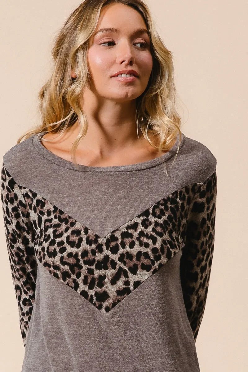 BiBi Sweater Knit Top With Leopard V Shape Block - Bitsy Gypsy Boutique