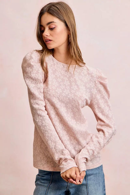 BiBi Textured Flower Knit Puff Shoulder Top - Bitsy Gypsy Boutique