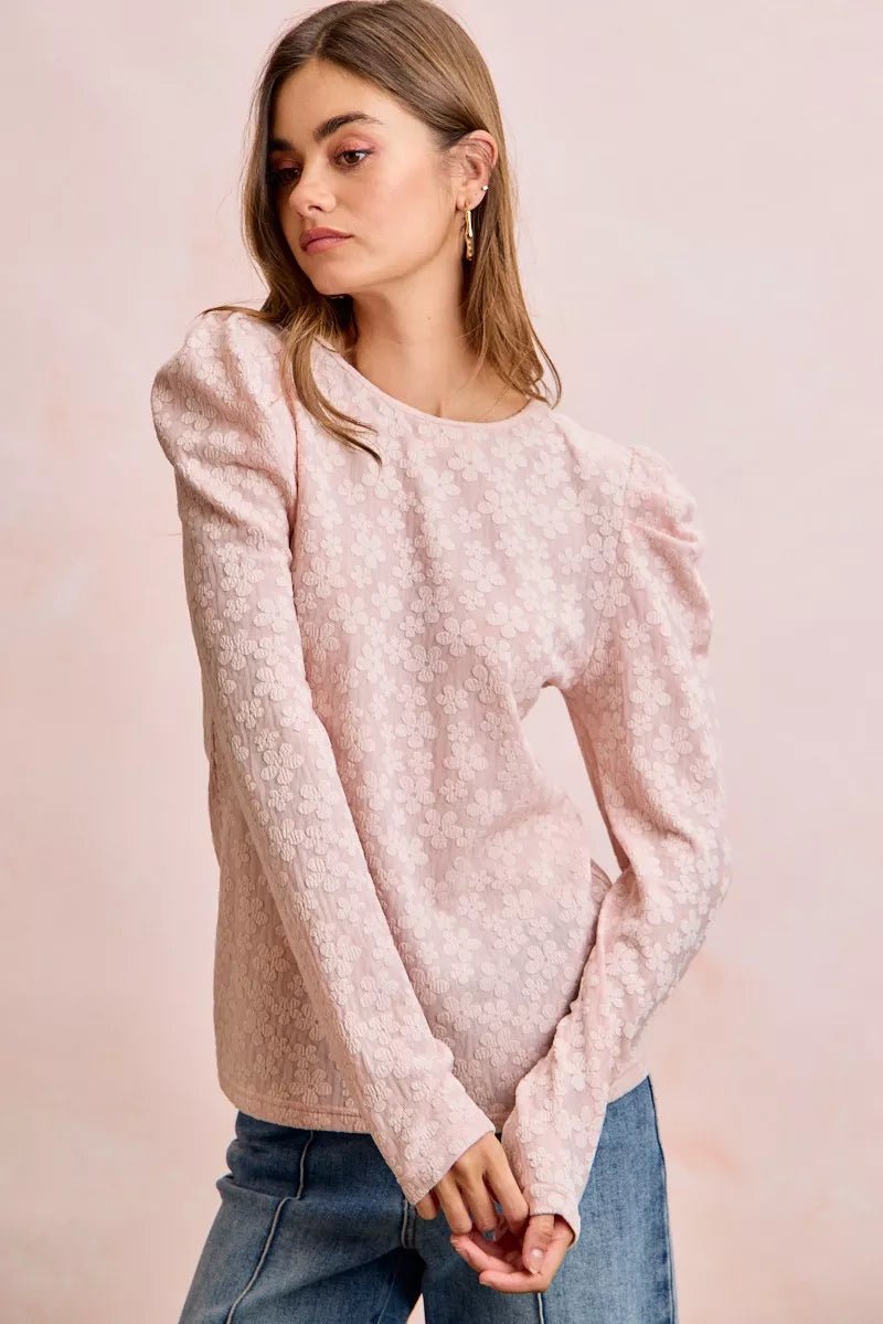 BiBi Textured Flower Knit Puff Shoulder Top - Bitsy Gypsy Boutique