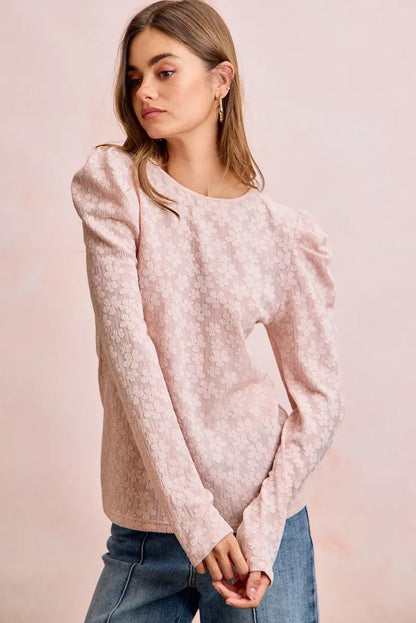 BiBi Textured Flower Knit Puff Shoulder Top - Bitsy Gypsy Boutique
