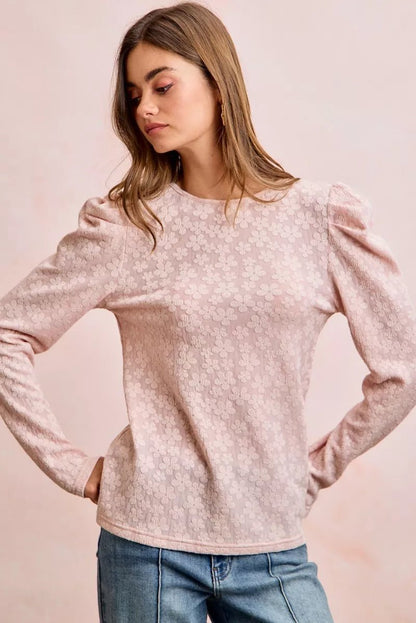 BiBi Textured Flower Knit Puff Shoulder Top - Bitsy Gypsy Boutique