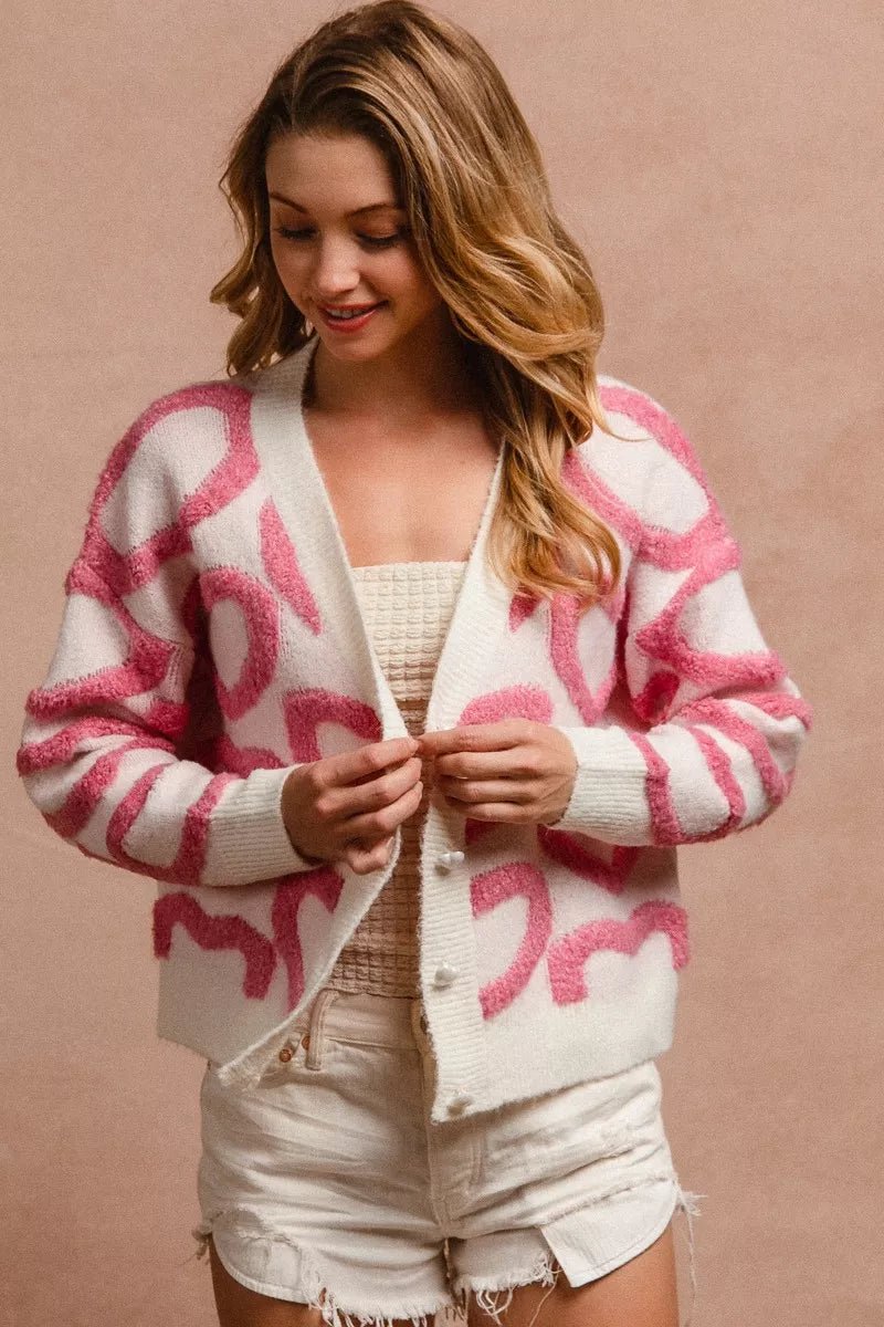 BiBi Textured Heart Buttoned V Neck Cardigan - Bitsy Gypsy Boutique