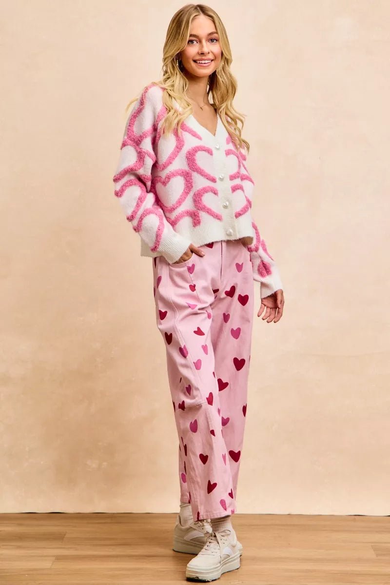 BiBi Textured Heart Buttoned V Neck Cardigan - Bitsy Gypsy Boutique