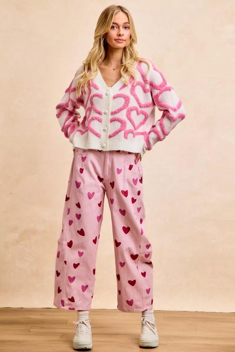 BiBi Textured Heart Buttoned V Neck Cardigan - Bitsy Gypsy Boutique