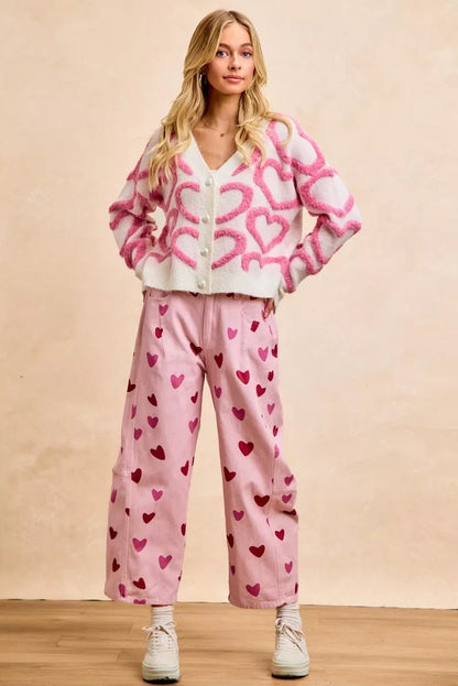 BiBi Textured Heart Buttoned V Neck Cardigan - Bitsy Gypsy Boutique