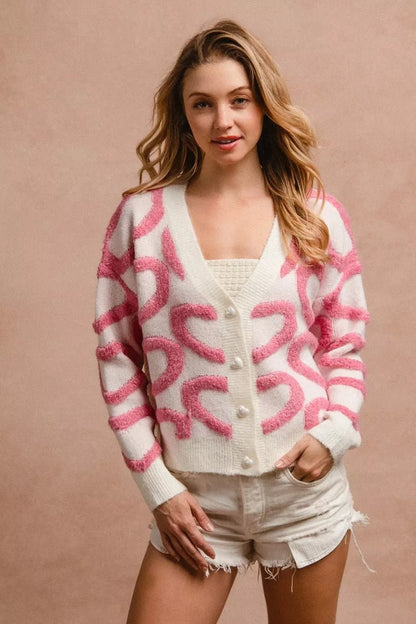 BiBi Textured Heart Buttoned V Neck Cardigan - Bitsy Gypsy Boutique