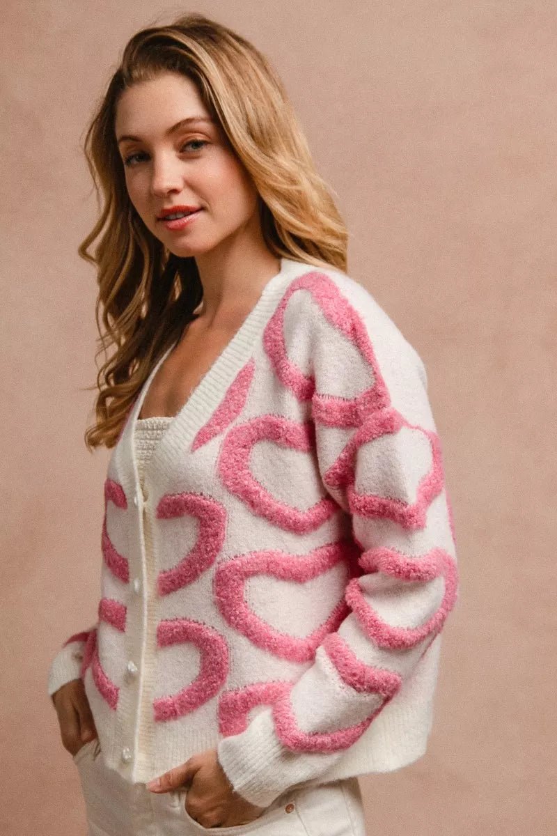 BiBi Textured Heart Buttoned V Neck Cardigan - Bitsy Gypsy Boutique