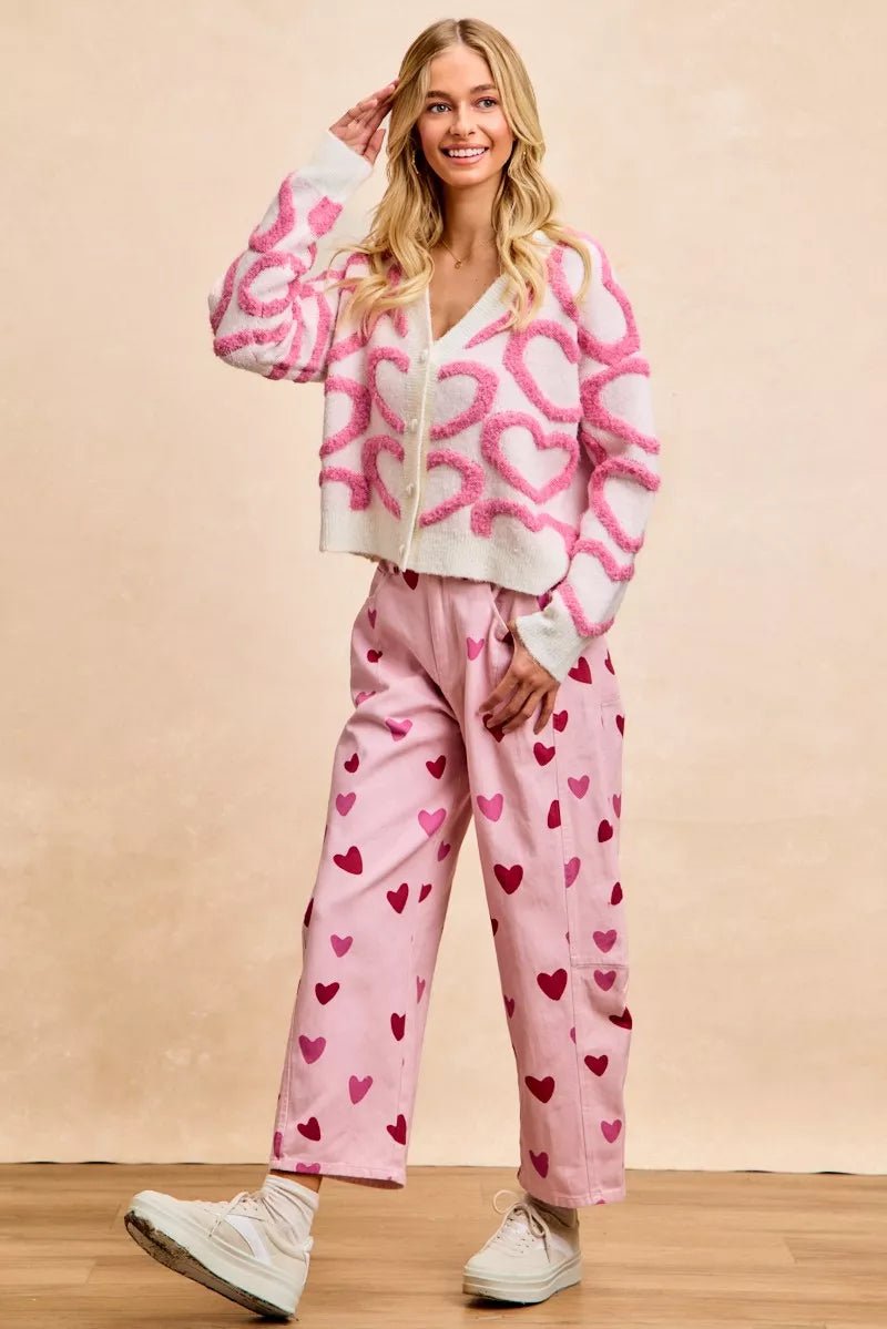BiBi Textured Heart Buttoned V Neck Cardigan - Bitsy Gypsy Boutique