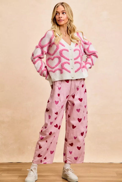 BiBi Textured Heart Buttoned V Neck Cardigan - Bitsy Gypsy Boutique