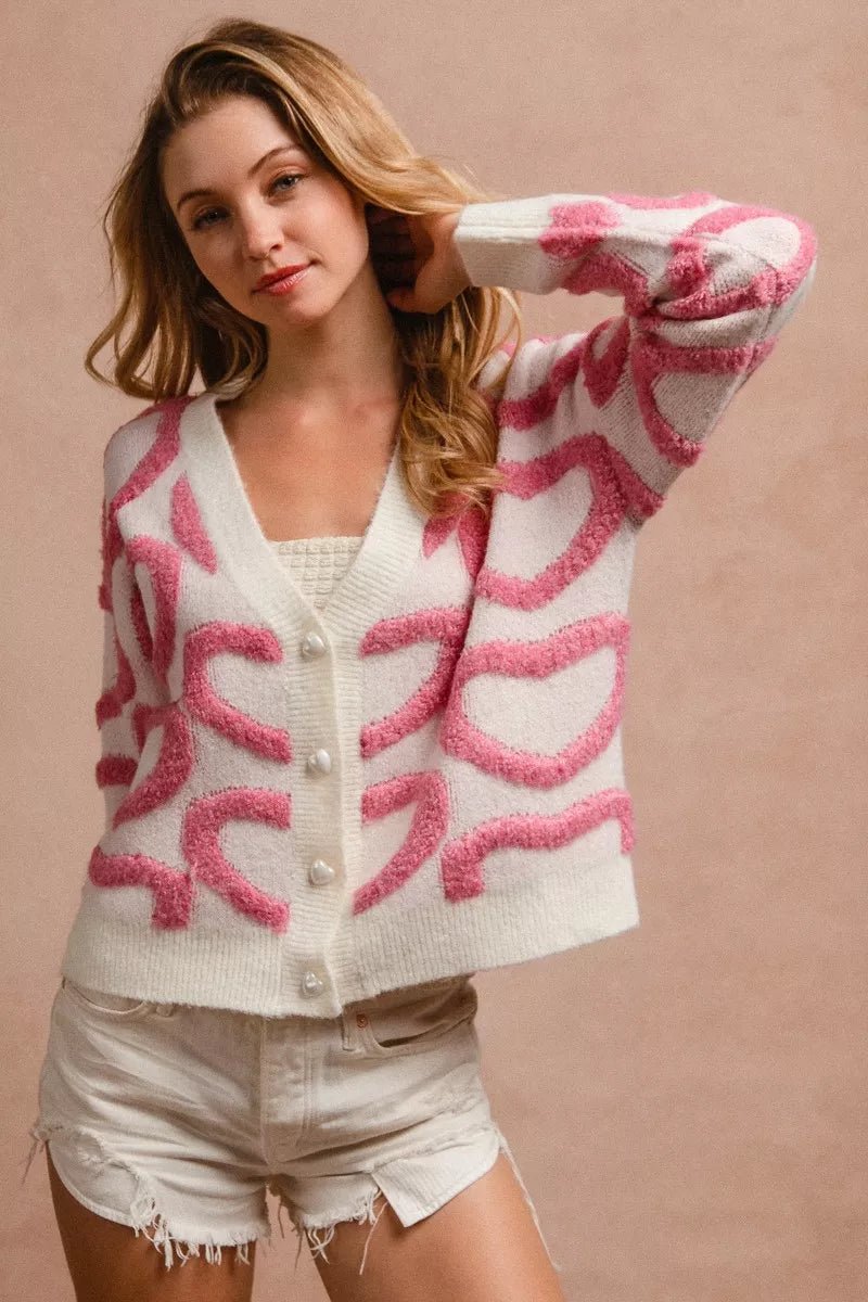 BiBi Textured Heart Buttoned V Neck Cardigan - Bitsy Gypsy Boutique