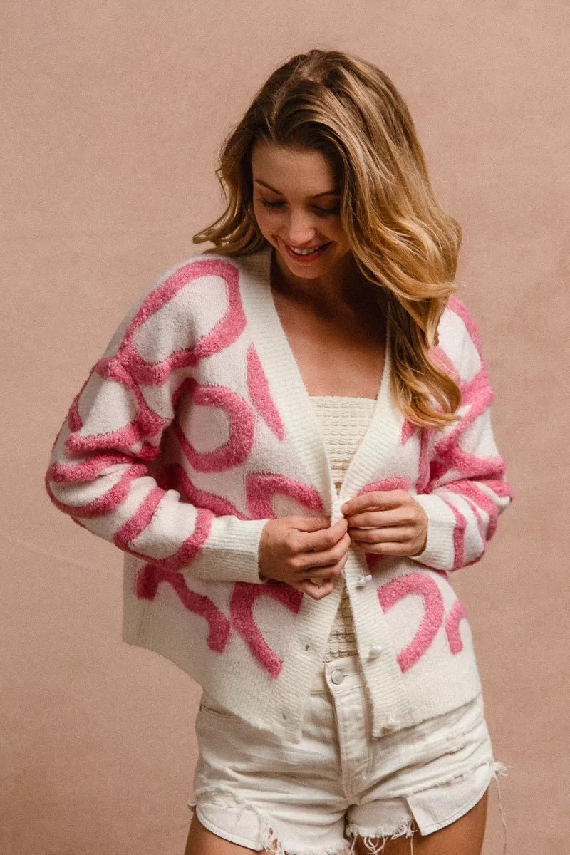 BiBi Textured Heart Buttoned V Neck Cardigan - Bitsy Gypsy Boutique