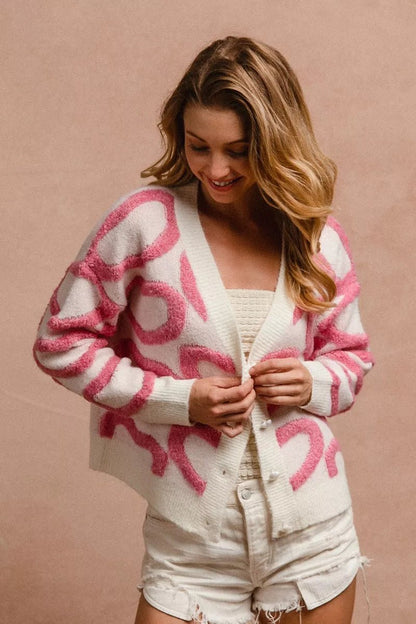 BiBi Textured Heart Buttoned V Neck Cardigan - Bitsy Gypsy Boutique