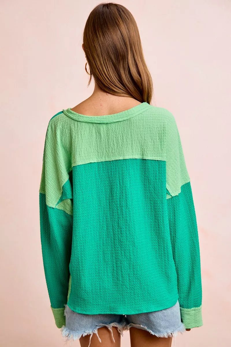 BiBi Textured Jersey Color Block Top With Cut Edge - Bitsy Gypsy Boutique