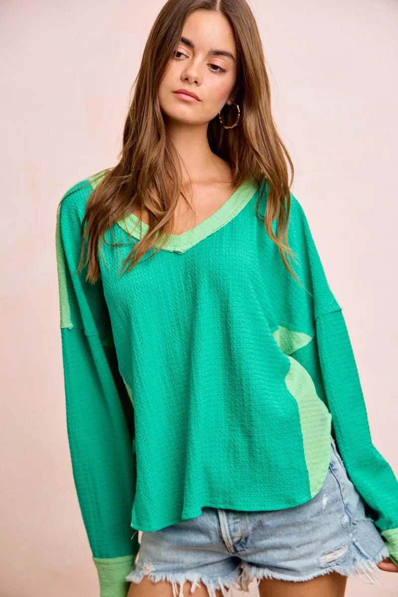 BiBi Textured Jersey Color Block Top With Cut Edge - Bitsy Gypsy Boutique