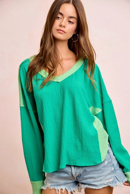 BiBi Textured Jersey Color Block Top With Cut Edge - Bitsy Gypsy Boutique