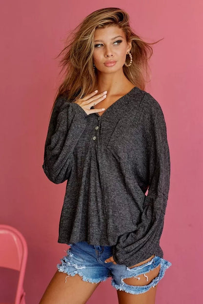 BiBi Textured Knit Hoodie with Buttoned Placket - Bitsy Gypsy Boutique