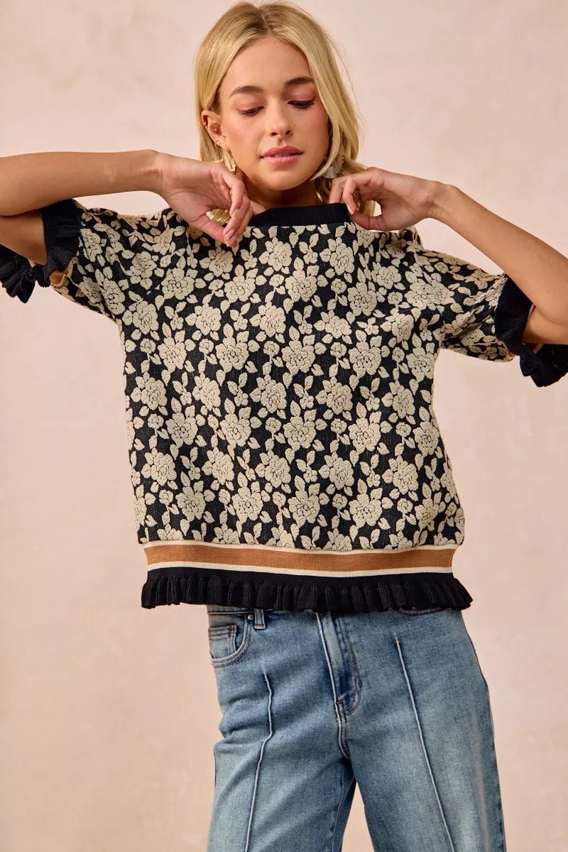 BiBi Textured Rose Knit Top Contrast Banded Puff Sleeve - Bitsy Gypsy Boutique