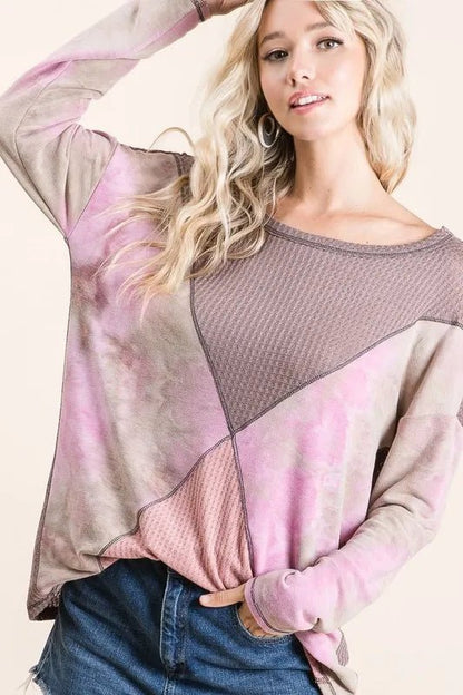 BiBi Thermal Waffle Color Block Top with Tie Dye - Bitsy Gypsy Boutique