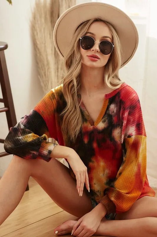 BiBi Tie Dye Brushed Waffle Top With Bubble Sleeves - Bitsy Gypsy Boutique