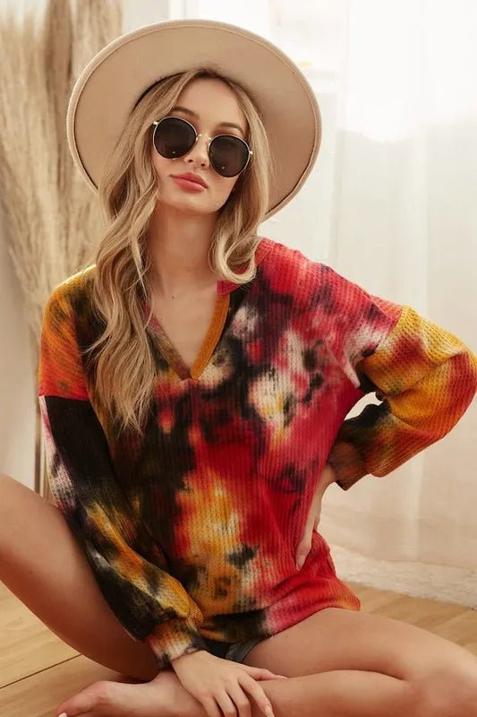 BiBi Tie Dye Brushed Waffle Top With Bubble Sleeves - Bitsy Gypsy Boutique