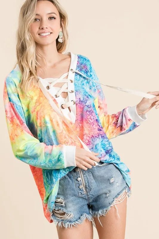 BiBi Tie Dye Deep V - neck Top With Lace Up Front - Bitsy Gypsy Boutique