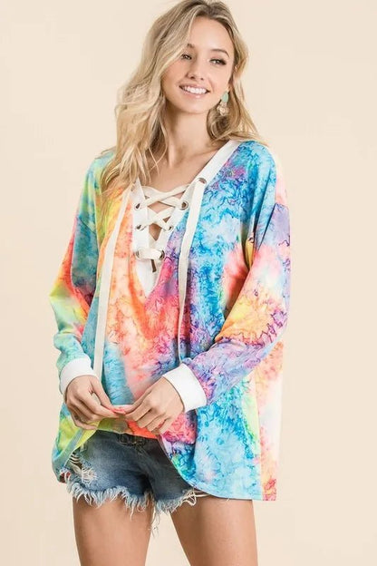 BiBi Tie Dye Deep V - neck Top With Lace Up Front - Bitsy Gypsy Boutique