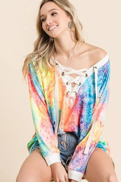 BiBi Tie Dye Deep V - neck Top With Lace Up Front - Bitsy Gypsy Boutique