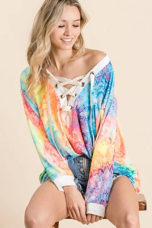 BiBi Tie Dye Deep V - neck Top With Lace Up Front - Bitsy Gypsy Boutique