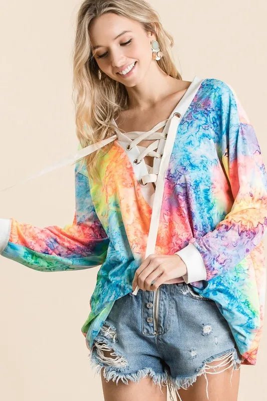 BiBi Tie Dye Deep V - neck Top With Lace Up Front - Bitsy Gypsy Boutique