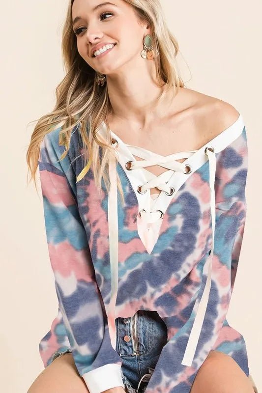BiBi Tie Dye Deep V - Neck Top with Lace Up Front - Bitsy Gypsy Boutique