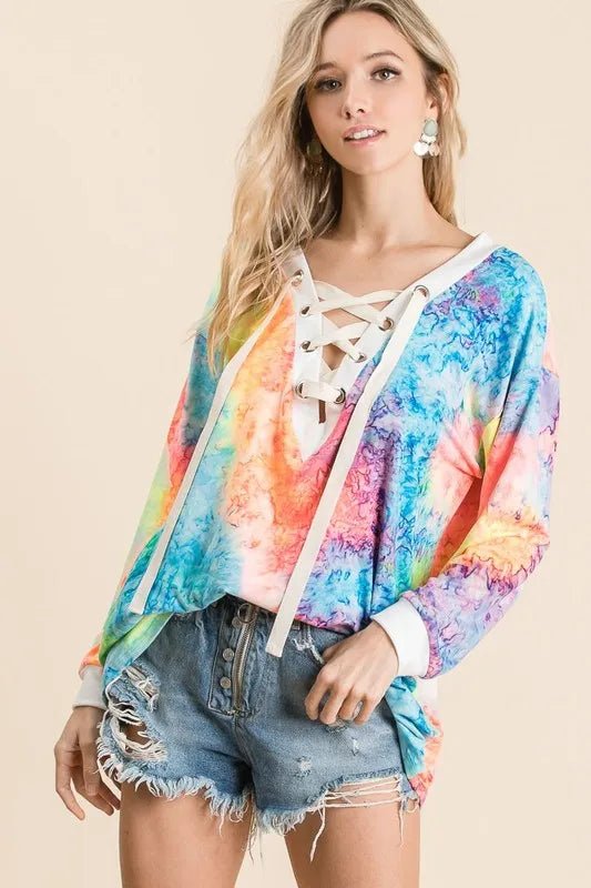 BiBi Tie Dye Deep V - neck Top With Lace Up Front - Bitsy Gypsy Boutique