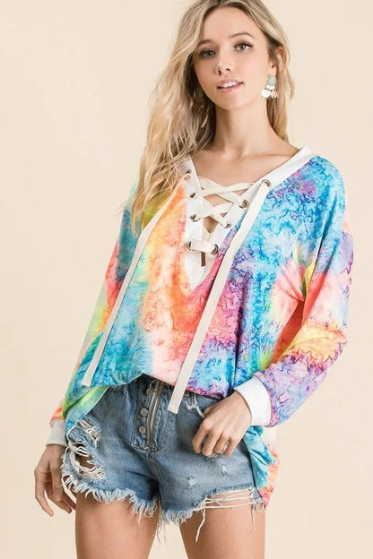 BiBi Tie Dye Deep V - neck Top With Lace Up Front - Bitsy Gypsy Boutique