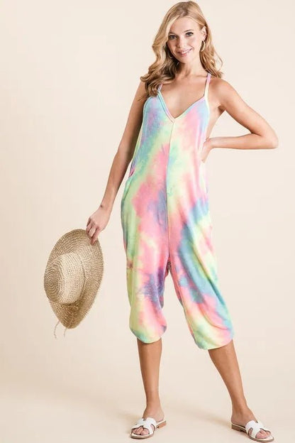 BiBi Tie Dye French Terry Mid - Length Casual Jumpsuit - Bitsy Gypsy Boutique