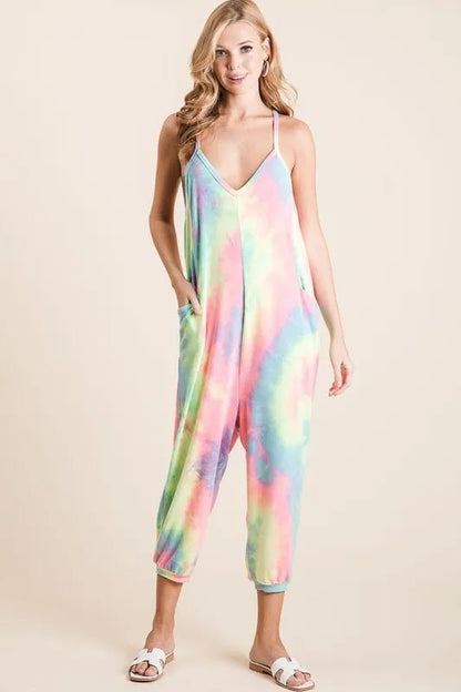 BiBi Tie Dye French Terry Mid - Length Casual Jumpsuit - Bitsy Gypsy Boutique
