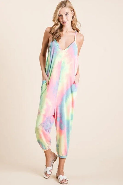 BiBi Tie Dye French Terry Mid - Length Casual Jumpsuit - Bitsy Gypsy Boutique